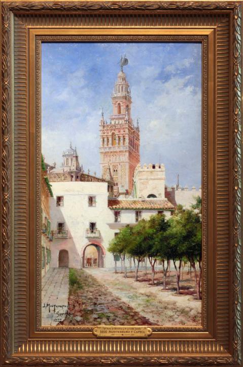 Oil Painting by Jose Montenegro y Capell, Patio de Banderas, Seville Spain
